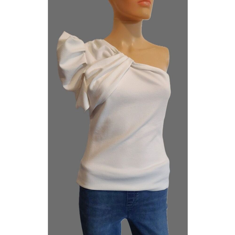 TCEC white textured one shoulder puff sleeve blouse MEDIUM NWOT $67